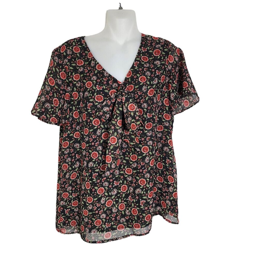 Pleione Womens Blouse Top Medium Black Floral Flutter Short Sleeve Tie Front V